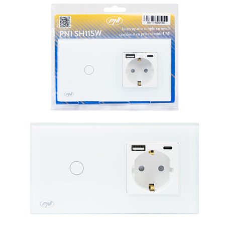 PNI WiFi-s, érintős villanykapcsoló, 1-es, dugajjal, USB-A, vlamint USB-C csatlakozóval (PNI-SH115W)